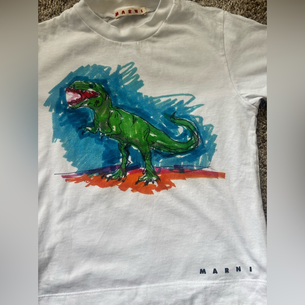 Marni White Kids Tee with Green Dinosaur Graphic and Blue Accent - Picture 2 of 3